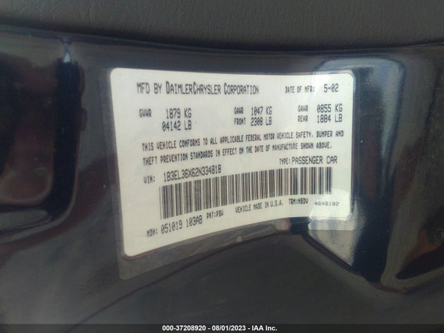 2002 DODGE STRATUS SE VIN: 1B3EL36X62N334818