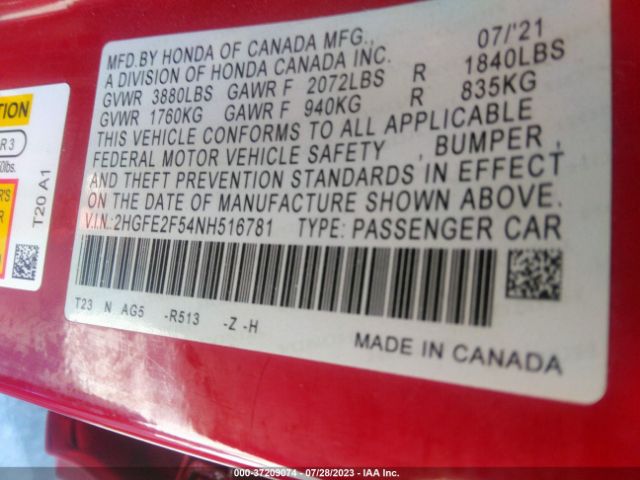 2HGFE2F54NH516781 Honda Civic Sedan Sport