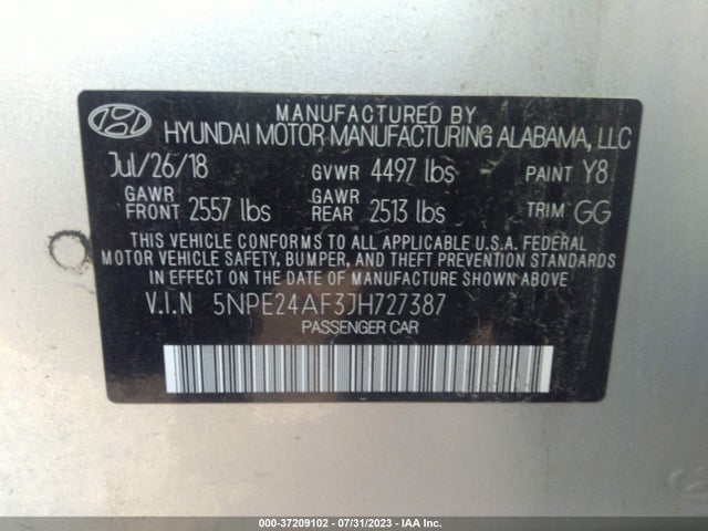 2018 HYUNDAI SONATA SE VIN: 5NPE24AF3JH727387