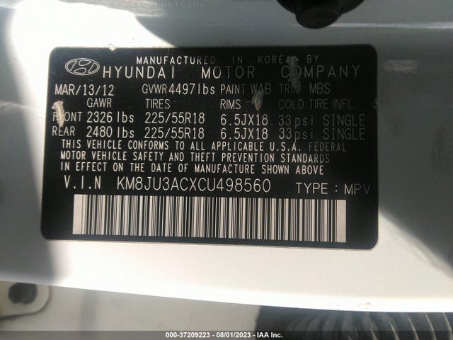 2012 HYUNDAI TUCSON LIMITED PZEV VIN: KM8JU3ACXCU498560