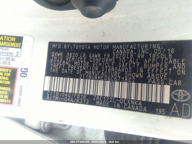 Toyota Corolla L/le/s/s Plus/le Plus 2016 2T1BURHE0GC671802 Image 9