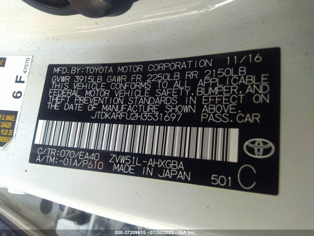 2017 TOYOTA PRIUS TWO/TWO ECO/THREE VIN: JTDKARFU2H3531697
