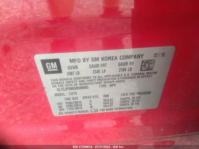 Chevrolet Trax Lt 2016 KL7CJPSB9GB588865 Image 9