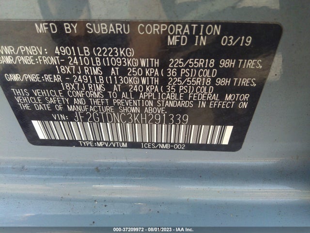 2019 SUBARU CROSSTREK HYBRID VIN: JF2GTDNC3KH291339