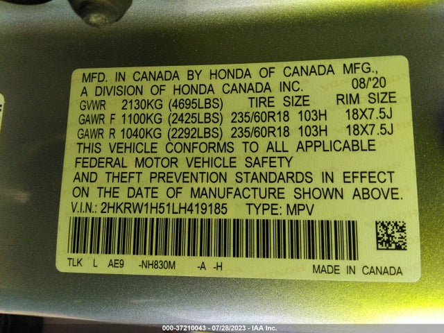 Honda CR-V EX 2020 2HKRW1H51LH419185 Image 15