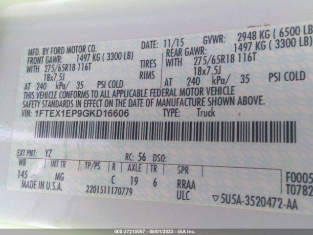 1FTEX1EP9GKD16606 Ford F-150 Xlt/xl/lariat