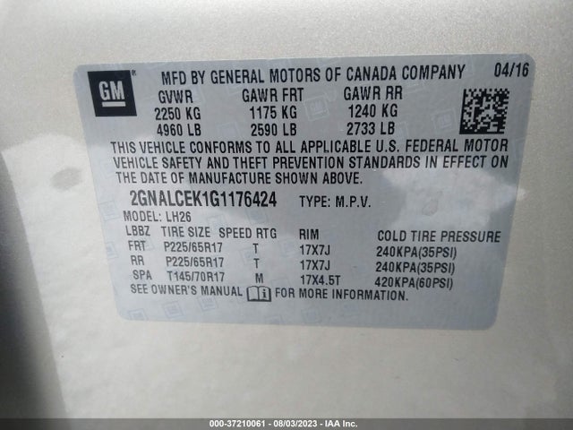 Chevrolet EQUINOX LT 2016 2GNALCEK1G1176424 Image 9