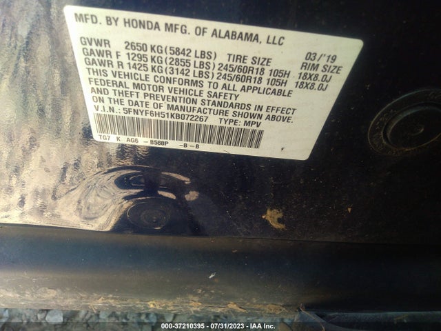 Honda Pilot Ex-l 2019 5FNYF6H51KB072267 Image 9