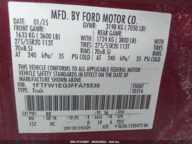 2015 FORD F-150 XLT W VIN: 1FTFW1EG3FFA75530