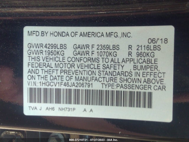 1HGCV1F46JA206791 Honda ACCORD EX