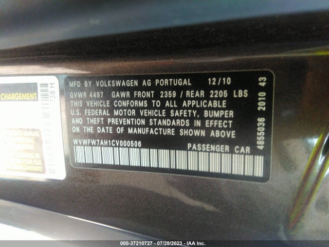 2012 VOLKSWAGEN EOS LUX VIN: WVWFW7AH1CV000506