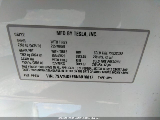 Tesla Model Y Long Range 2022 7SAYGDEE5NA010817 Image 9