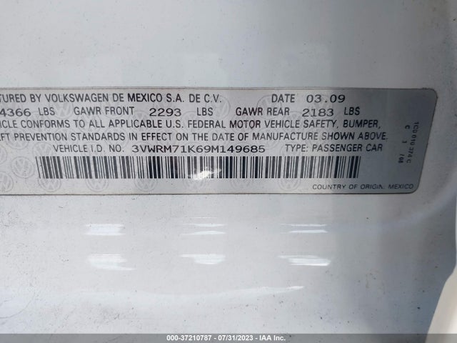2009 VOLKSWAGEN JETTA SEDAN SE VIN: 3VWRM71K69M149685
