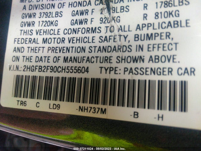 2012 HONDA CIVIC SDN EX-L VIN: 2HGFB2F90CH555604