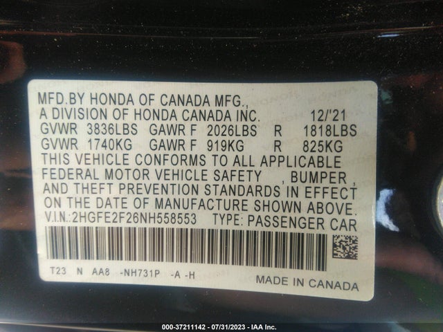 Honda Civic Sedan Lx 2022 2HGFE2F26NH558553 Image 16