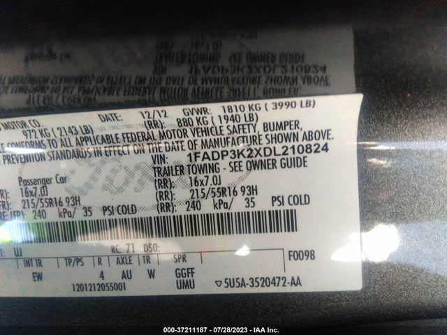 2013 FORD FOCUS SE VIN: 1FADP3K2XDL210824