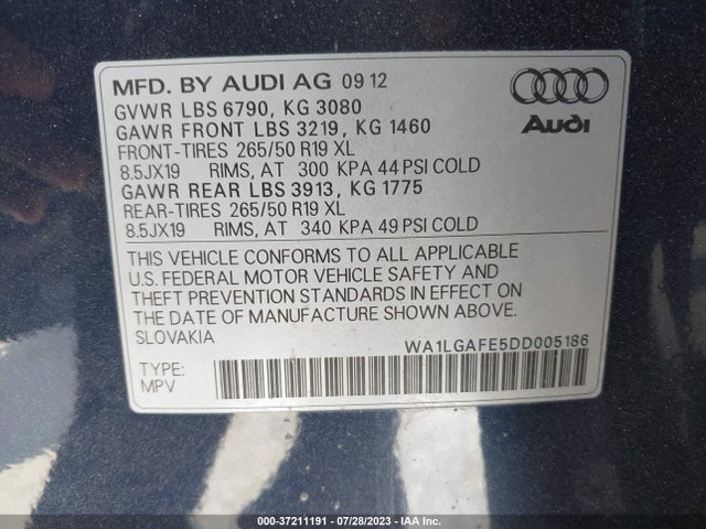 2013 AUDI Q7 3.0T PREMIUM PLUS VIN: WA1LGAFE5DD005186