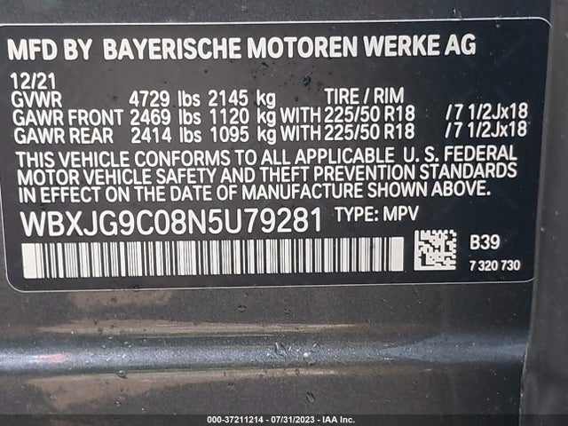 2022 BMW X1, VIN: WBXJG9C08N5U79281