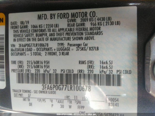 Ford FUSION S 2020 3FA6P0G77LR100678 Image 9