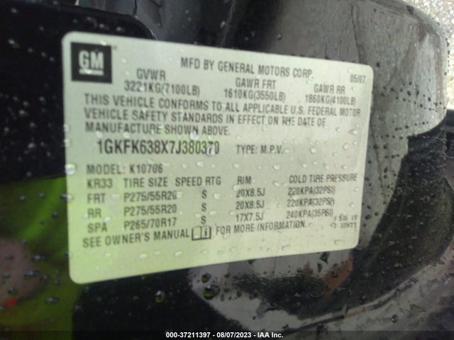 Продаж на аукціоні авто 2007 Gmc Yukon Denali, vin: 1GKFK638X7J380370, номер лоту: 37211397
