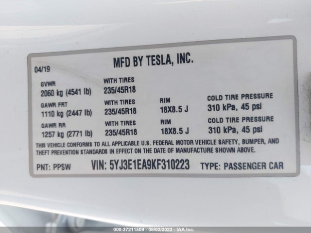 Tesla Model 3 Mid Range/standard Range/standard Range Plus/long Range 2019 5YJ3E1EA9KF310223 Image 9