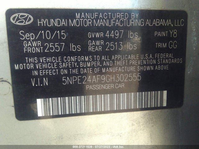 2016 HYUNDAI SONATA 2.4L SE VIN: 5NPE24AF9GH302555