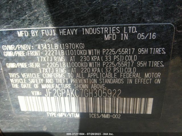 JF2GPAKC7GH305922 Subaru Crosstrek Limited
