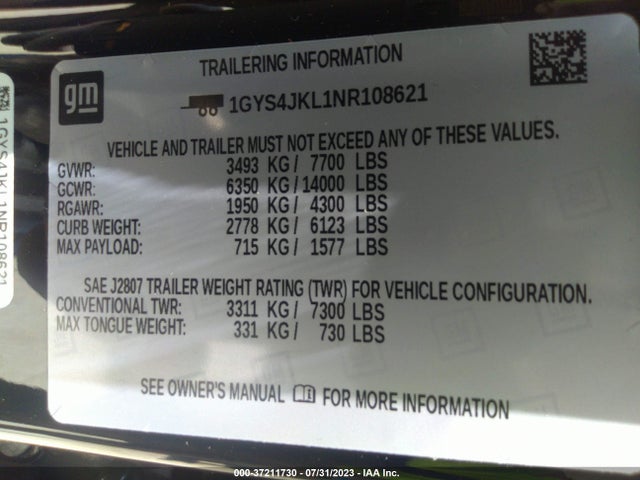 1GYS4JKL1NR108621 Cadillac Escalade Esv Luxury
