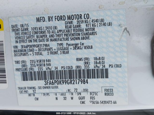 3FA6P0K99GR217984 Ford Fusion Titanium