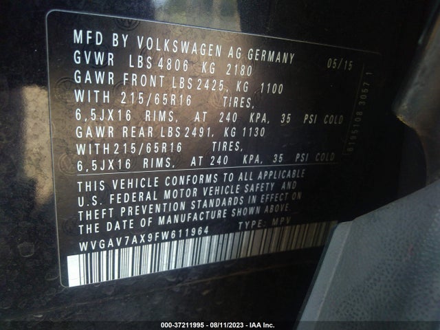 WVGAV7AX9FW611964 Volkswagen 2015