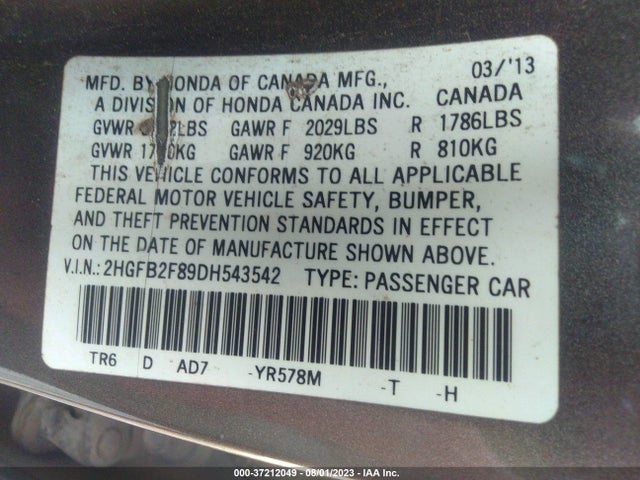 2013 HONDA CIVIC SDN EX VIN: 2HGFB2F89DH543542