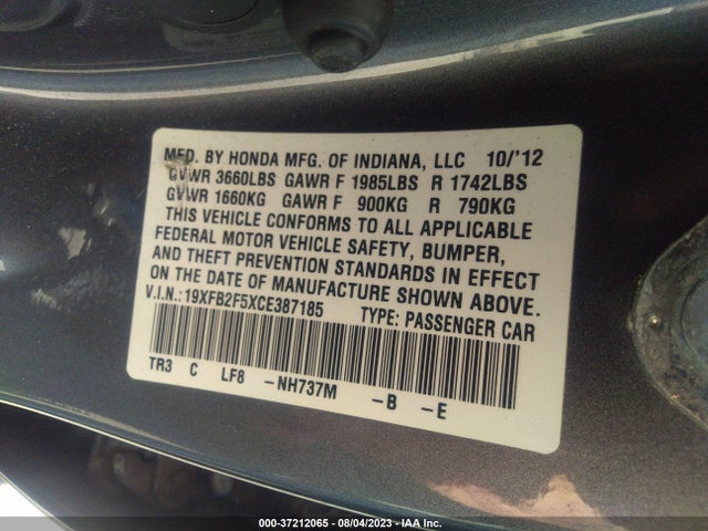 2012 HONDA CIVIC SDN LX VIN: 19XFB2F5XCE387185