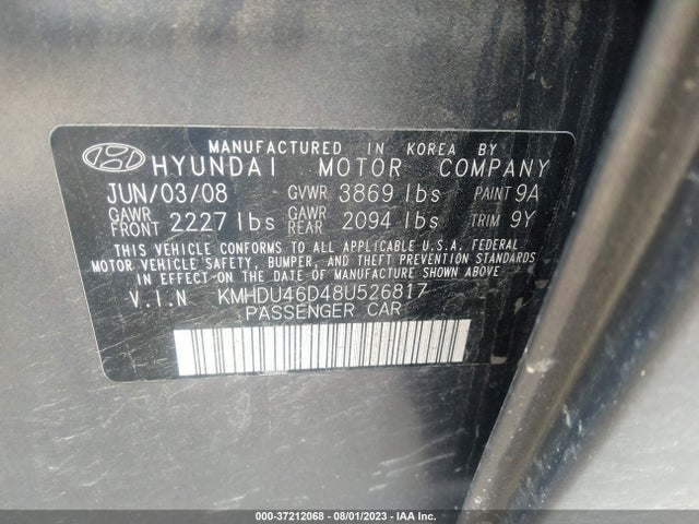 2008 HYUNDAI ELANTRA GLS/SE VIN: KMHDU46D48U526817
