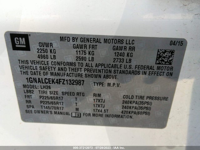 Chevrolet EQUINOX LT 2015 1GNALCEK4FZ132987 Image 9