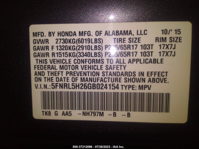 Honda ODYSSEY LX 2016 5FNRL5H26GB024154 Image 9