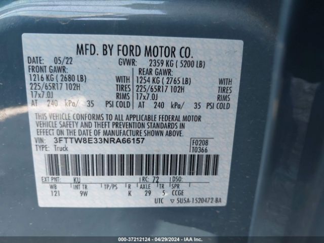 3FTTW8E33NRA66157 Ford Maverick Xl