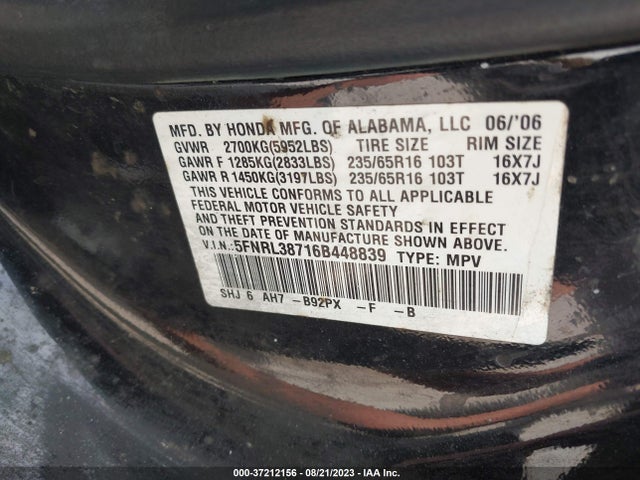 2006 HONDA ODYSSEY EX-L VIN: 5FNRL38716B448839