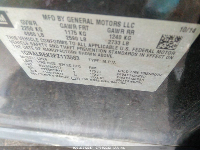 2015 CHEVROLET EQUINOX LT VIN: 1GNALBEK3FZ113583