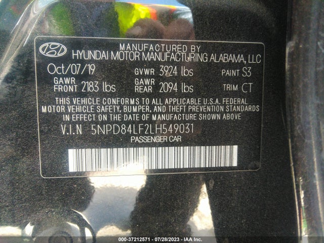 2020 HYUNDAI ELANTRA SEL VIN: 5NPD84LF2LH549031