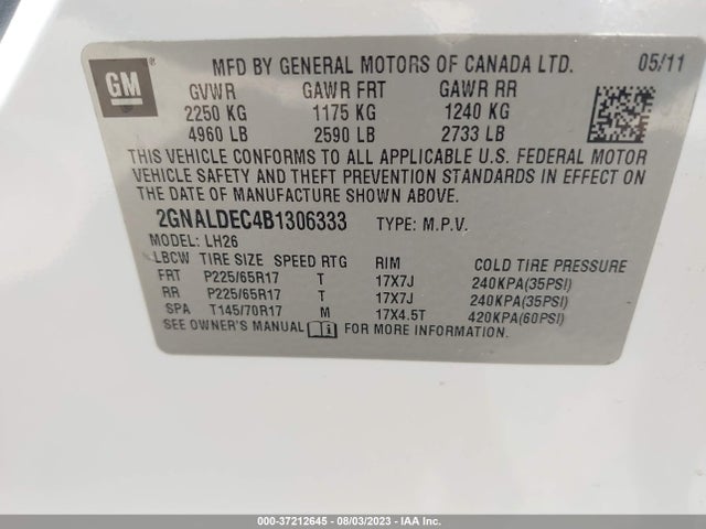 2011 CHEVROLET EQUINOX LT W/1LT VIN: 2GNALDEC4B1306333