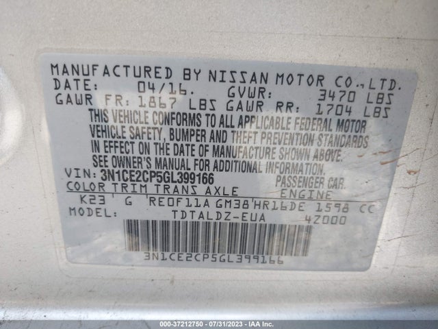 2016 NISSAN VERSA NOTE S/S PLUS/SV/SR/SL VIN: 3N1CE2CP5GL399166