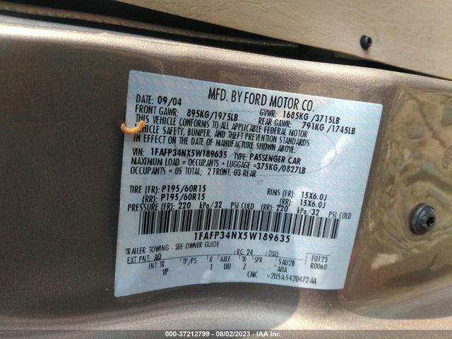2005 FORD FOCUS S/SE/SES VIN: 1FAFP34NX5W189635