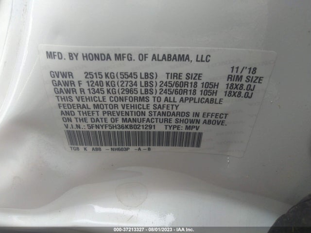 Honda Pilot Ex 2019 5FNYF5H36KB021291 Image 9