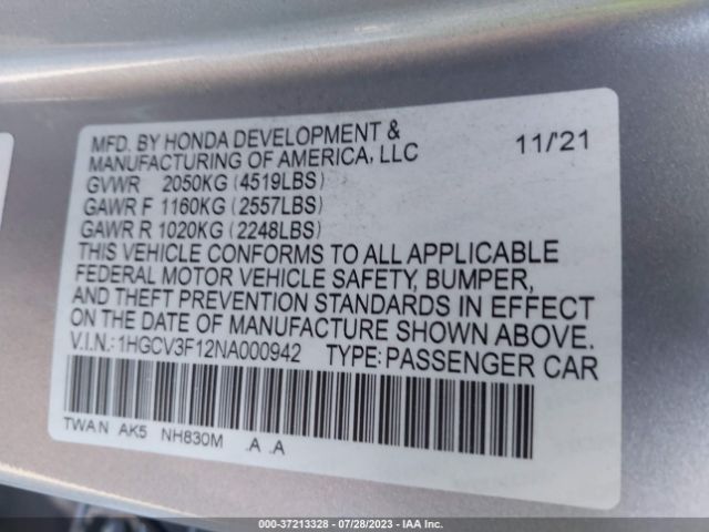 1HGCV3F12NA000942 Honda ACCORD HYBRID