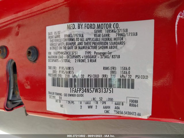 2007 FORD FOCUS S/SE/SES VIN: 1FAFP34N57W313751
