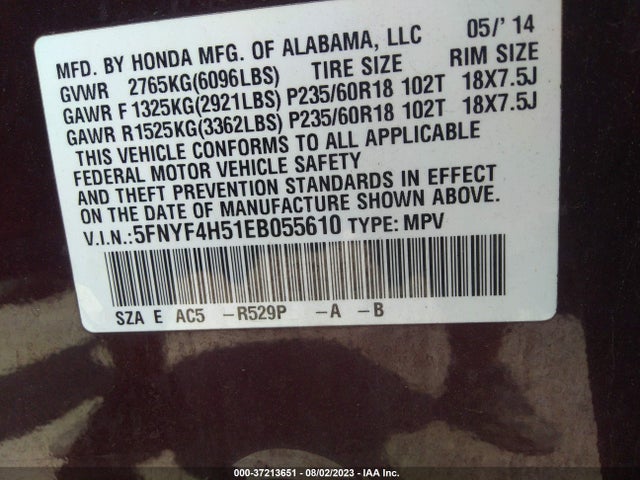 Honda Pilot Ex-l 2014 5FNYF4H51EB055610 Image 9