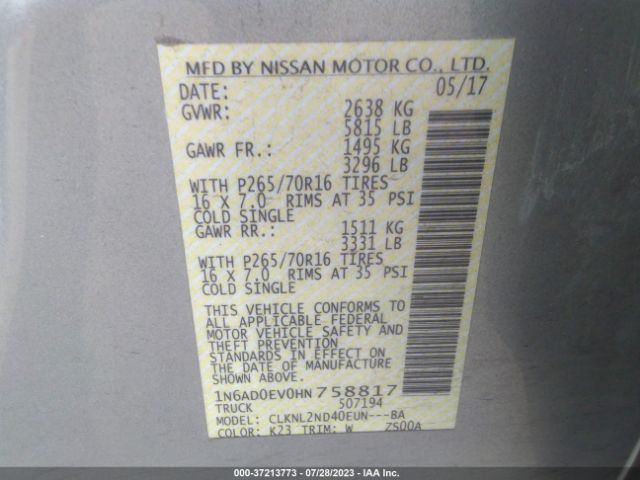 1N6AD0EV0HN758817 Nissan Frontier Sv V6