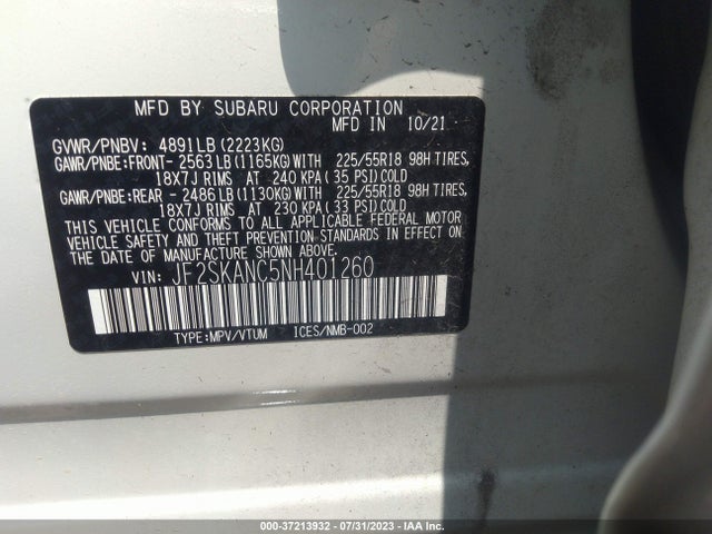 2022 SUBARU FORESTER LIMITED VIN: JF2SKANC5NH401260