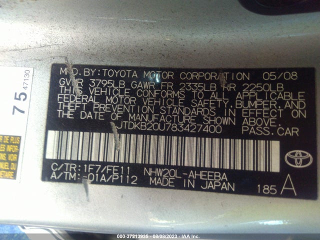 2008 TOYOTA PRIUS VIN: JTDKB20U783427400