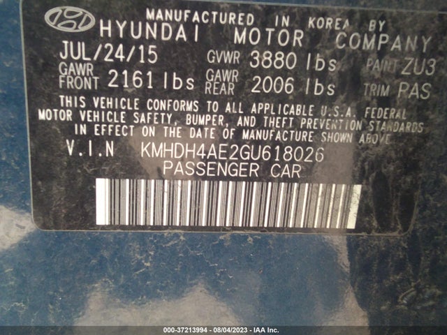 2016 HYUNDAI ELANTRA SE VIN: KMHDH4AE2GU618026